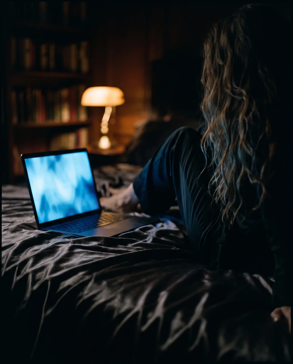 A laptop glowing on silk sheets in a night bedroom
