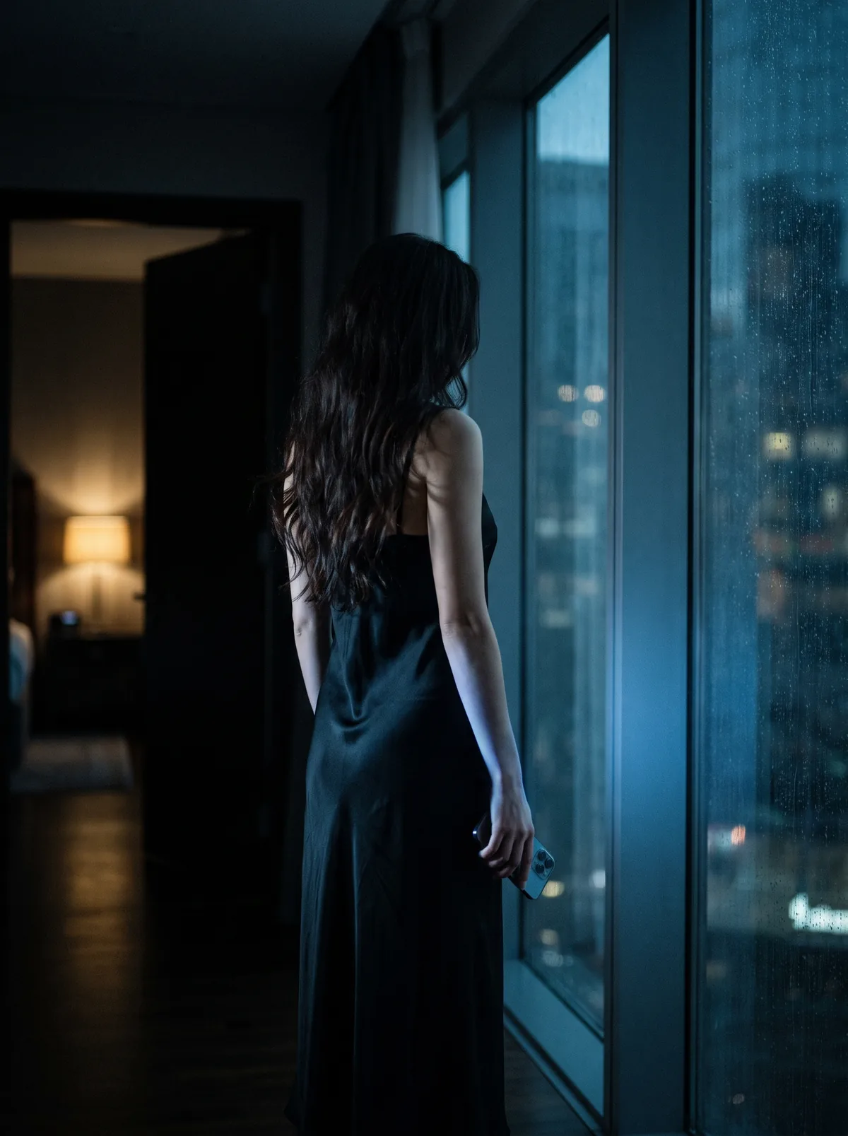 A woman at a dark window holding her phone, city lights beyond