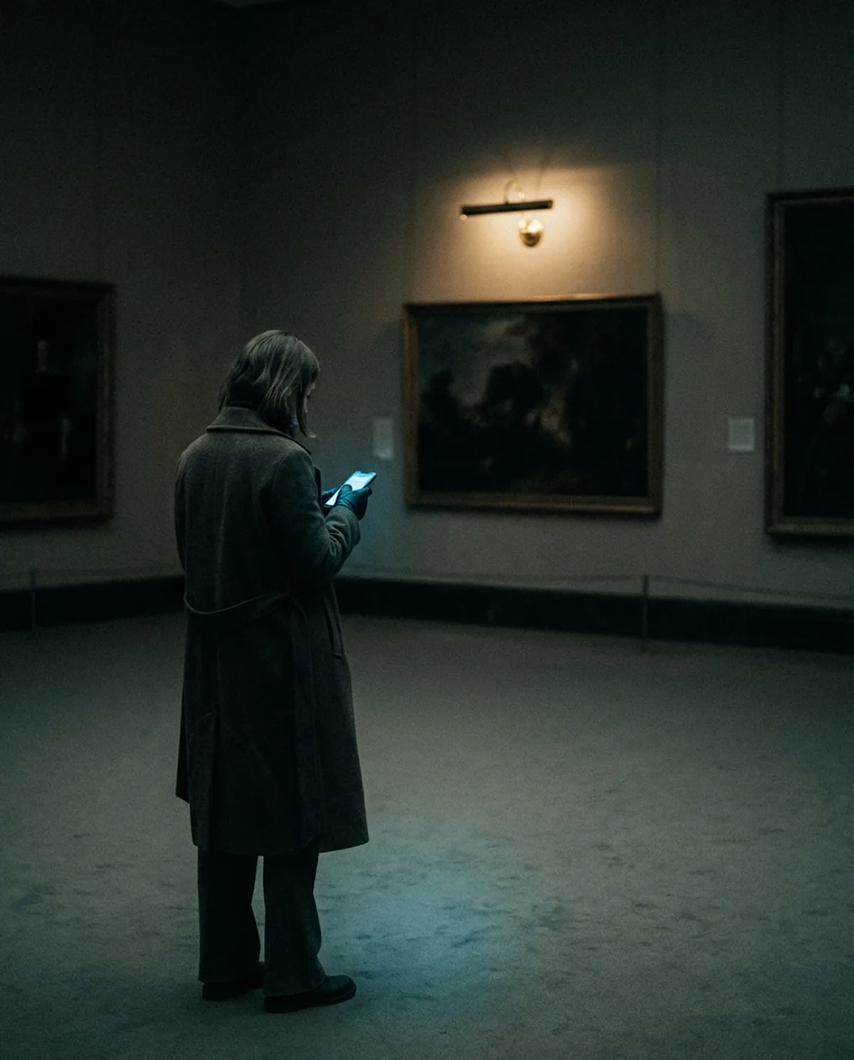 A woman photographing herself in a dressing table mirror by lamplight