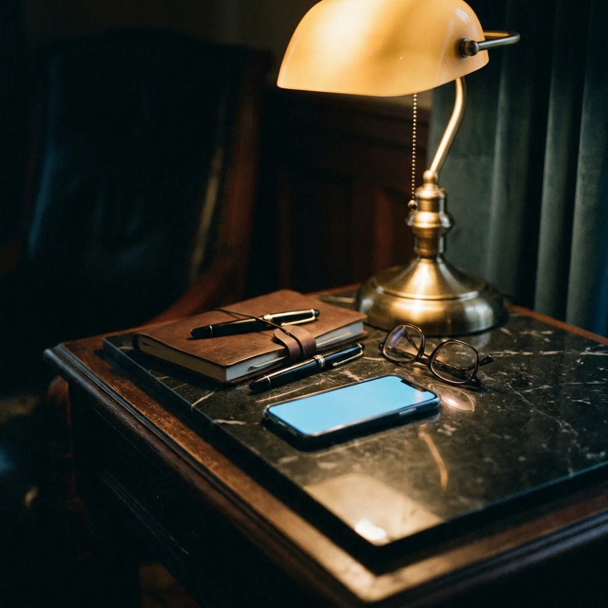 Still life of a phone, perfume and a gold necklace on dark marble