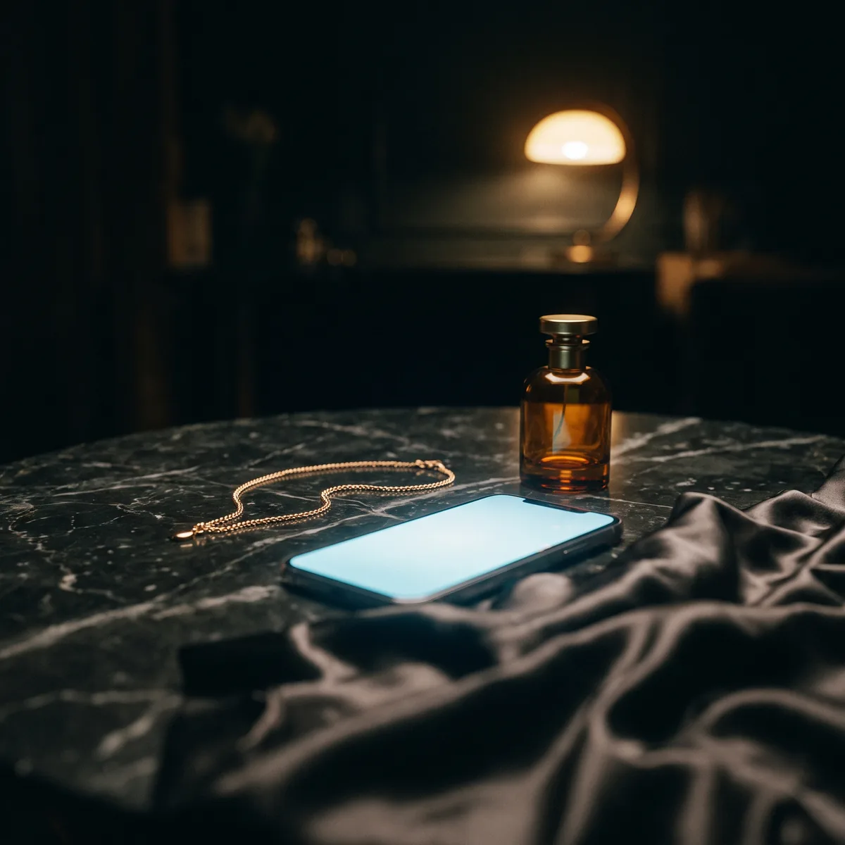 Still life of a phone, perfume and a gold necklace on dark marble