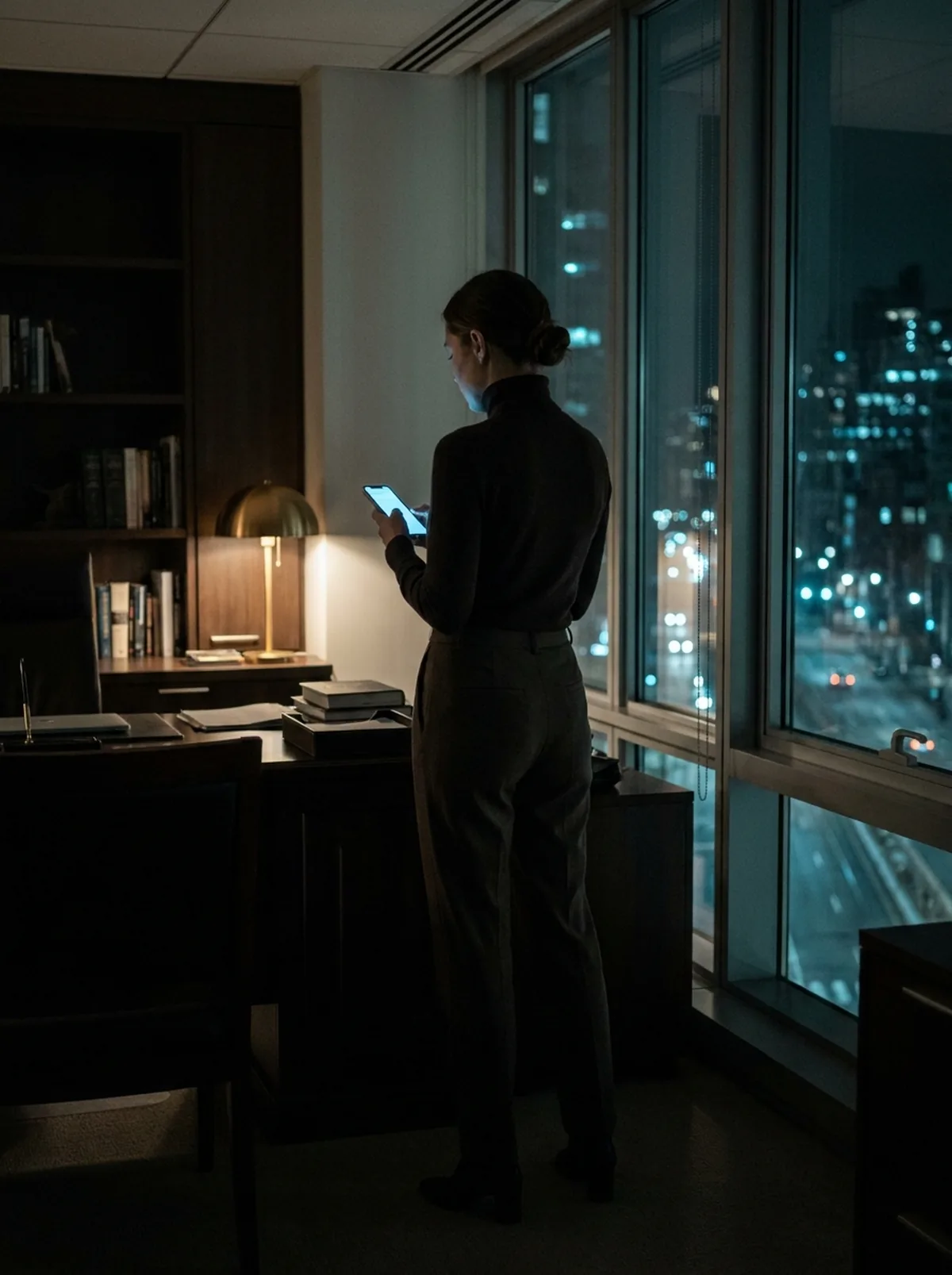 Over the shoulder of a creator holding up her phone in a dark room