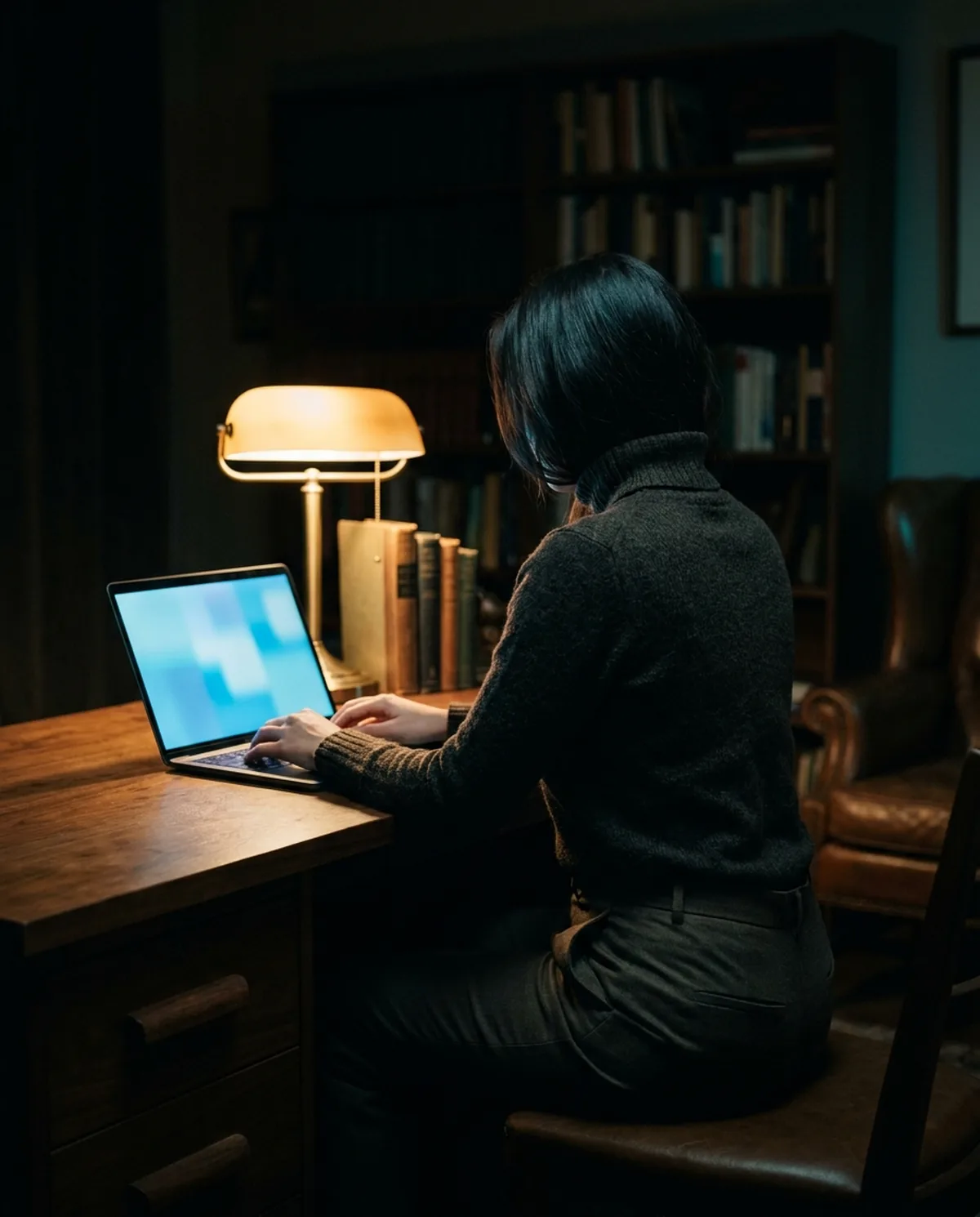 A laptop glowing on silk sheets in a night bedroom